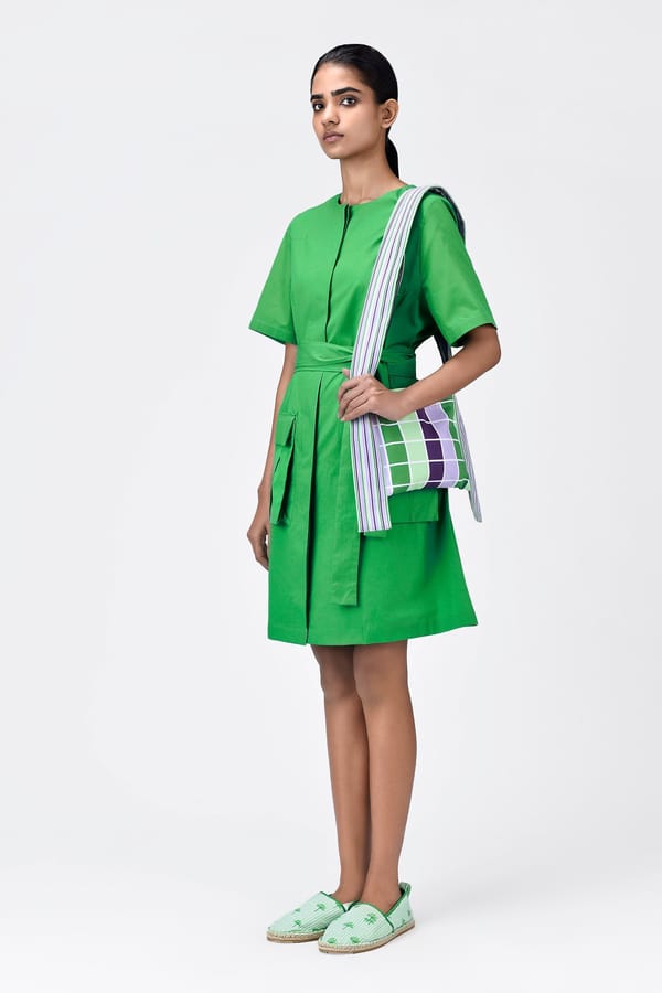 Spring Green Cotton Poplin Tie-Waist Pocket Dress — Genes Lecoanet Hemant