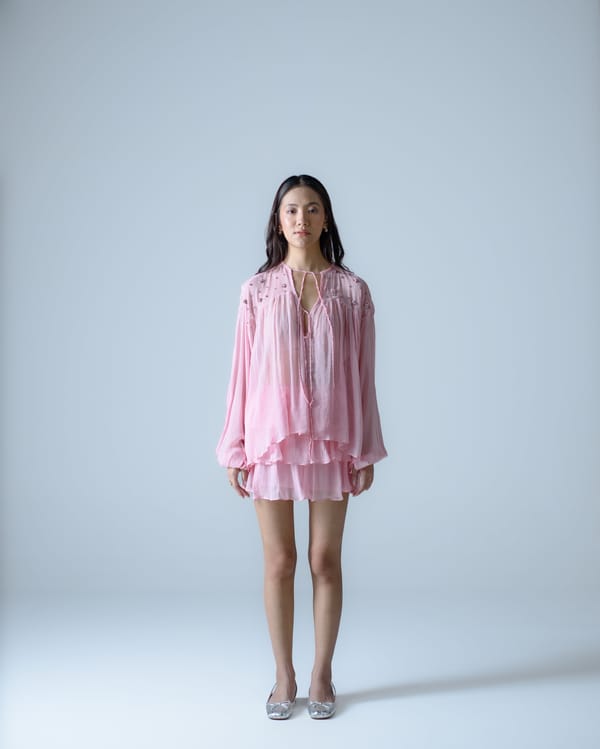 Baby Pink Silk Chiffon Tie-Up Neck Embellished Blouse — MAGIA