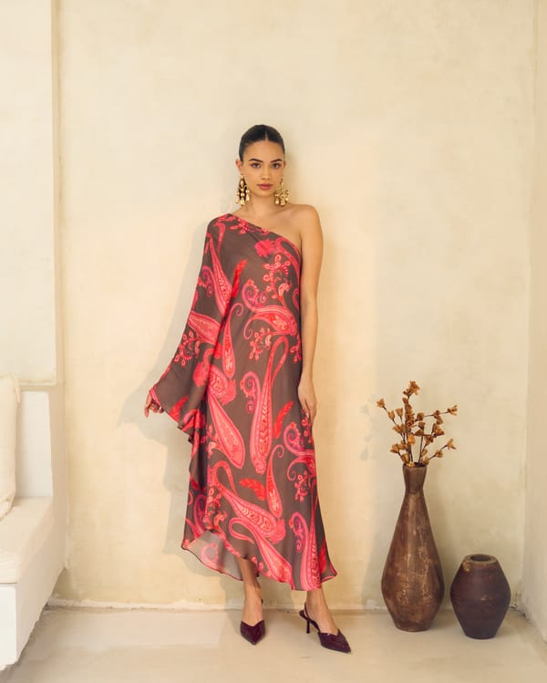 Multicolor Paisley One-Shoulder Midi Dress — House of Soi