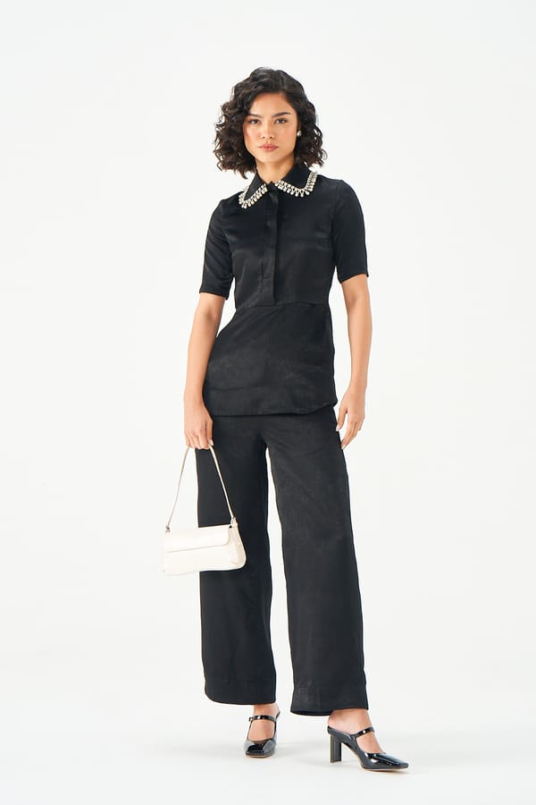 Black Embellished Collar Co-ord Set with Wide-Leg Pants — NOTEBOOK