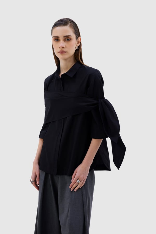 Black Cotton Poplin Wrap-Detail Shirt with 3/4 Sleeves — NOTEBOOK