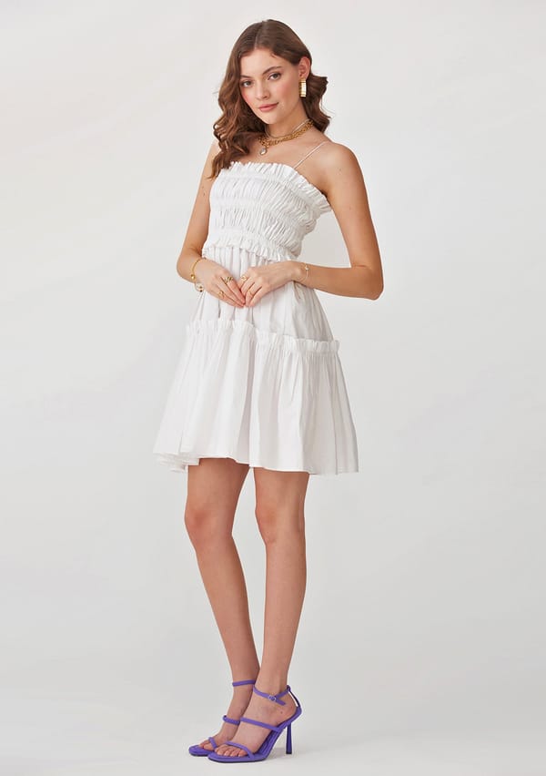 White Tiered Smocked Mini Dress with Detachable Sleeves — AMOSHI