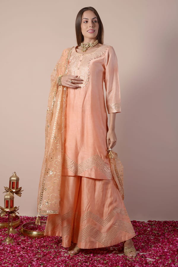 Peach Ombre Gota Patti Kurta Set with Sharara and Dupatta — SURABHI ARYA