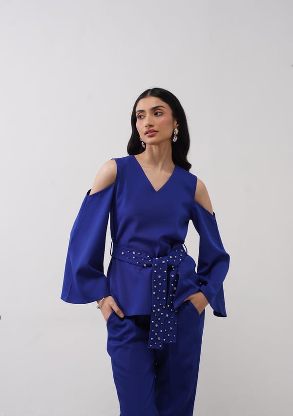 Electric Blue Cold-Shoulder Bell Sleeve Top with Belt — AMOSHI
