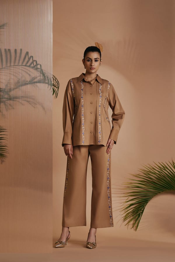 Brown Cotton Satin Embroidered Shirt and Pants Co-ord Set — Origani