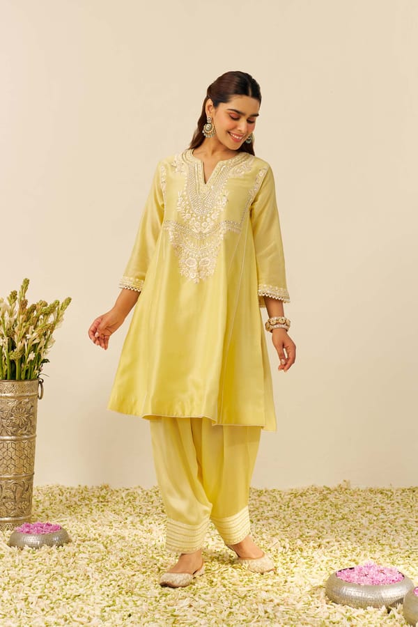 Lemon Yellow Embroidered Chanderi Silk Kurta Set with Salwar — Sheetal Batra