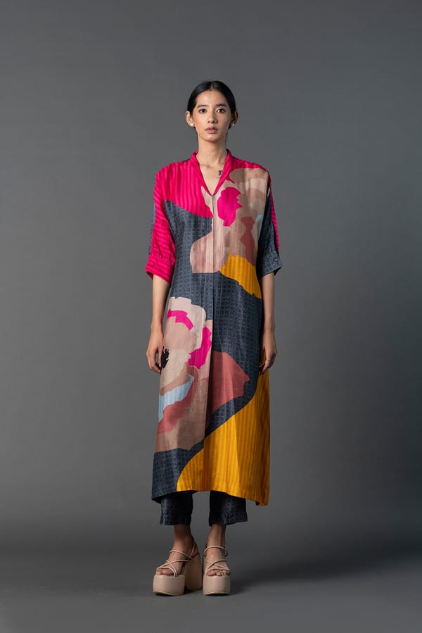 Multicolor Printed Dupion Silk A-Line Kurta Set — CLOS