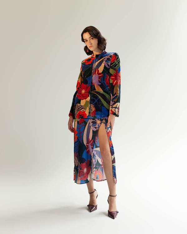 Black Floral Printed Velvet Mandarin Collar Jacket — SHOP NOIB