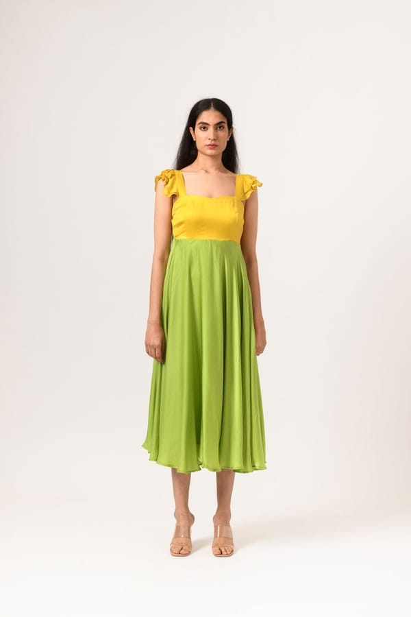Yellow Green Colorblock Fit and Flare Midi Dress — Neora
