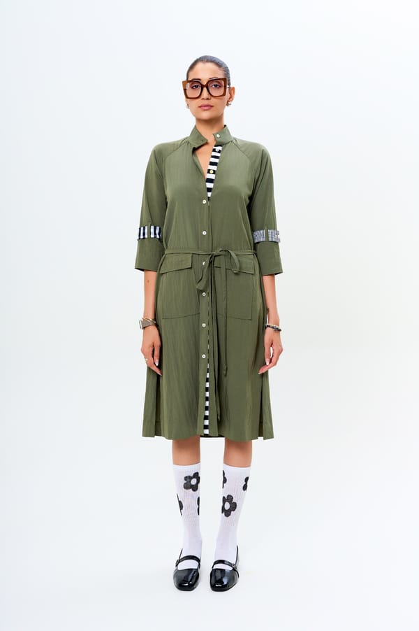 Olive Cotton Midi Shirt Dress with Tie Belt — KOR