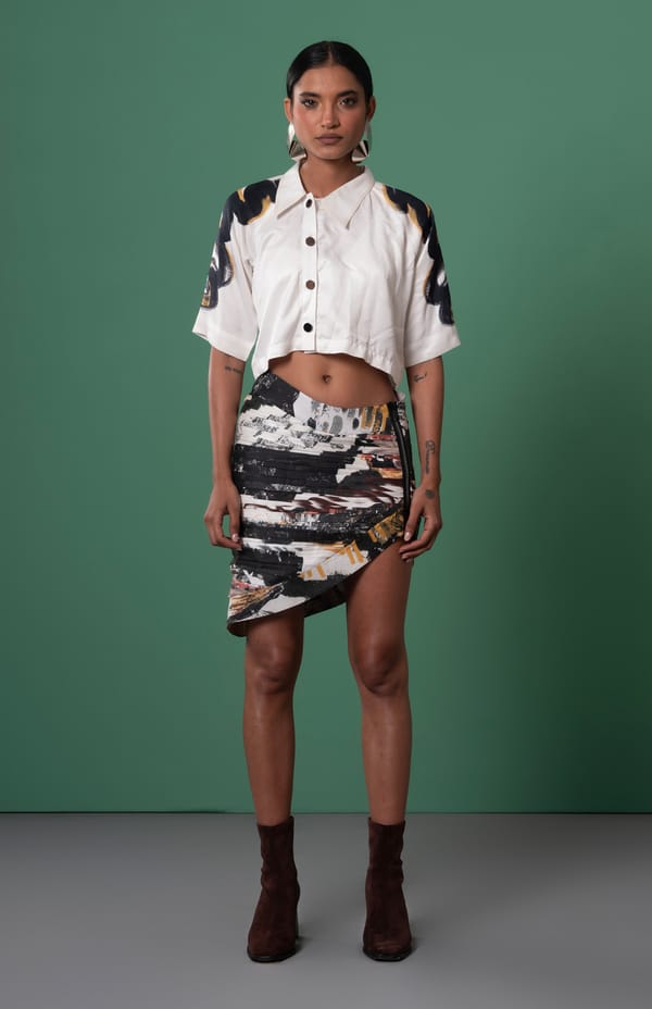 Black and White Abstract Printed Satin Mini Skirt — ADVAIT