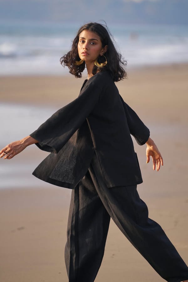 Black Linen Tapered Trousers with Inverted Pleats — Dash and Dot