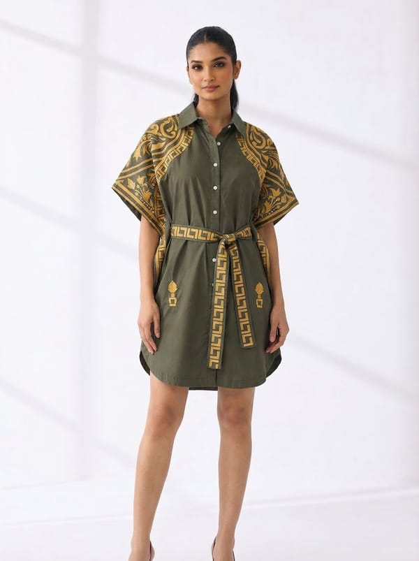 Army Green Belted Shirt Kaftan with Gold Border — RUCHIKA  MALLIKA LABEL