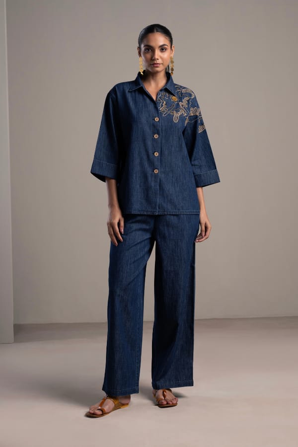 Denim Blue Embroidered Shirt and Wide-Leg Pants Co-ord Set — Spacelines