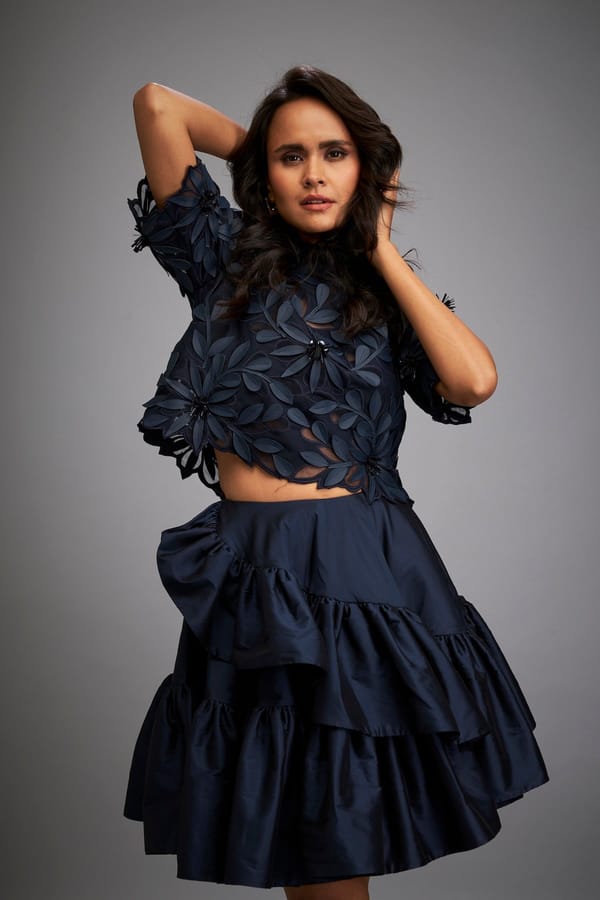 Floral Applique Top With Tiered Ruffled Skirt — Deepika Arora