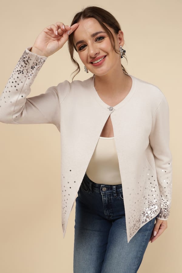 Ecru Sequin Hem Fine-Knit Cardigan — MnM