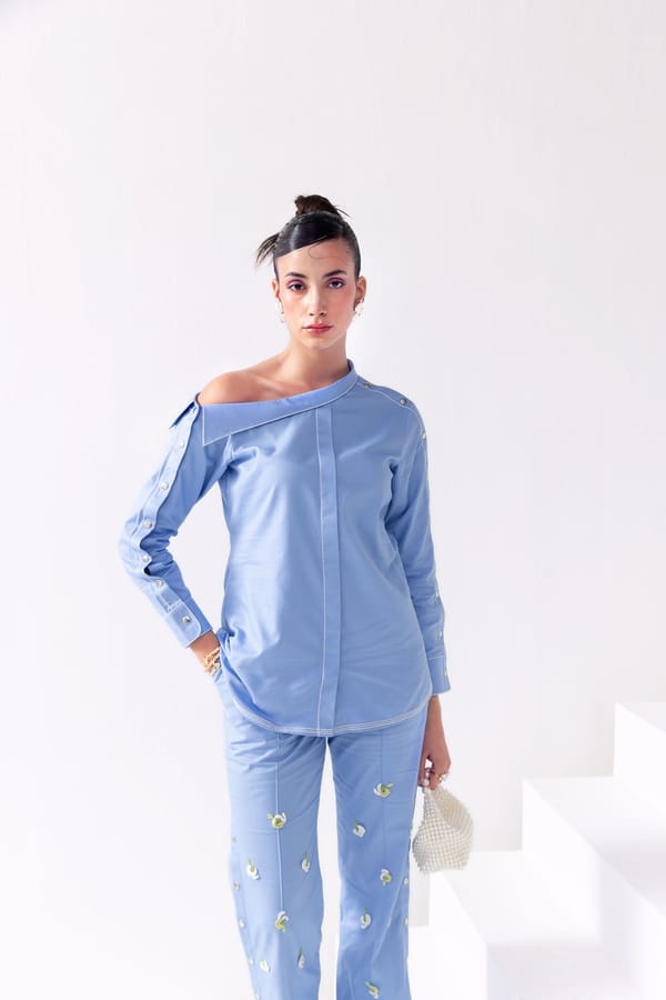 Blueberry One-Shoulder Snap-Button Cotton Twill Shirt — Our Love