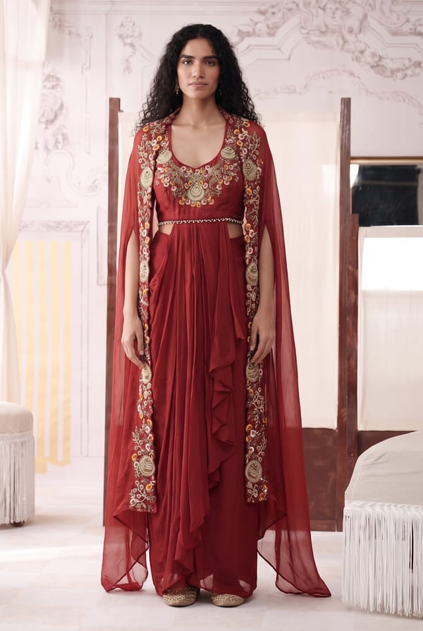 Burgundy Embroidered Floral Cape Set — Basanti Kapde aur Koffee