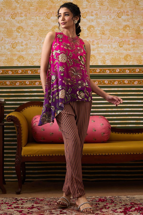 Pink Ombre Asymmetric Kurta and Pants Co-ord Set — SOUP by Sougat Paul