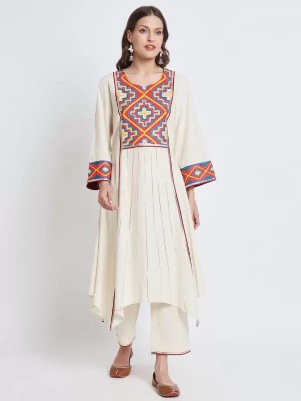 Ivory Organic Cotton Asymmetrical Hem Kurta Set — Gotta Kinari