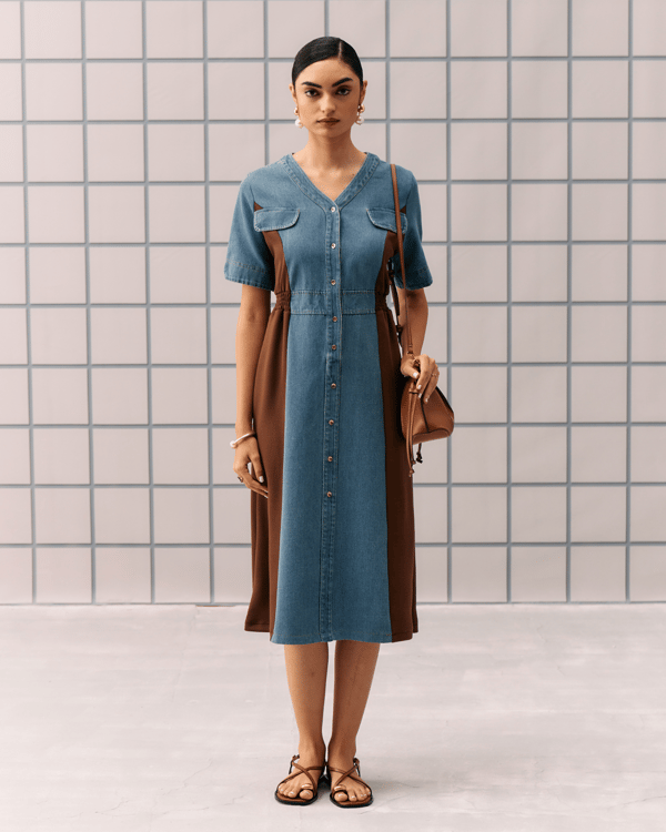 Brown and Denim Colorblocked Button-Front Midi Dress — Aruni