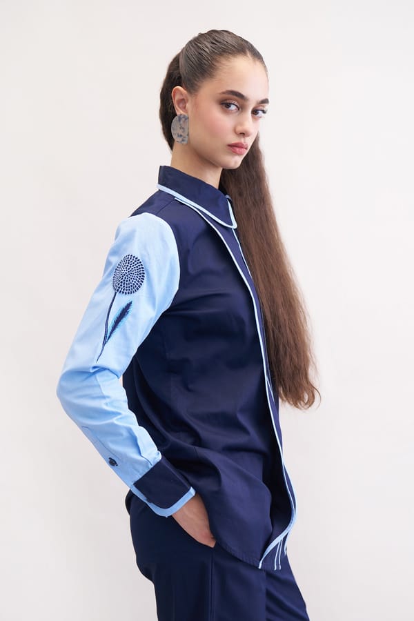 Navy and Blueberry Colorblocked Cotton Satin Shirt — Our Love
