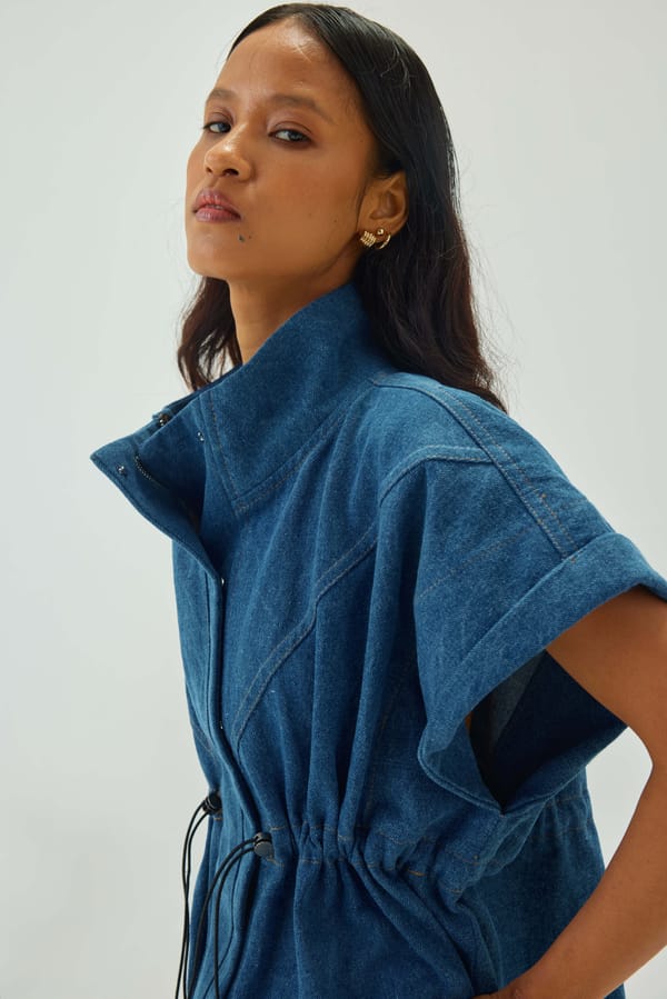 Oversized Sleeveless Blue Denim Jacket with Drawstring Waist — Shop Staple