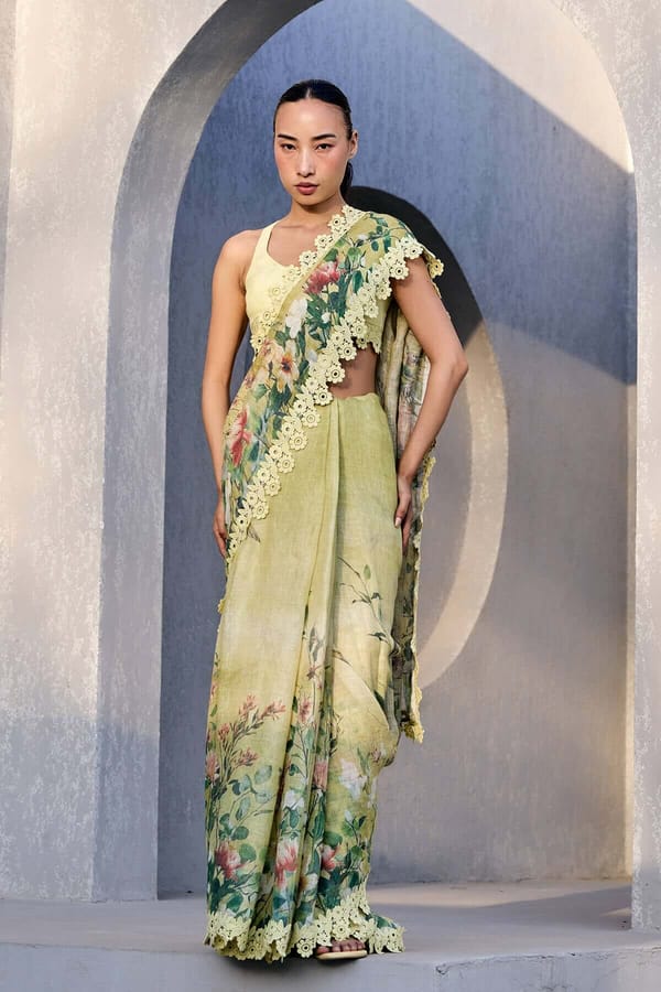 Lemon Floral Printed Linen Saree with Lace Border — YELL