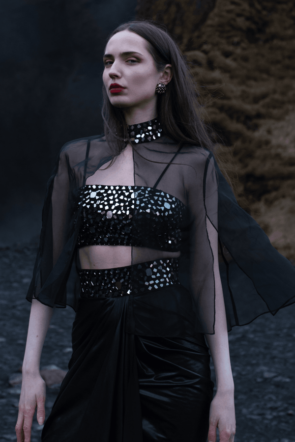 Black Sheer Organza Cape with Mirrorwork Neckband — Dash and Dot