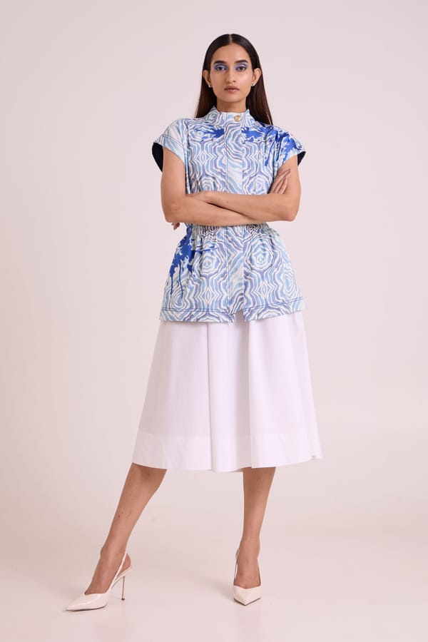 Ivory and Blue Abstract Print Midi Dress Set — Madder Much