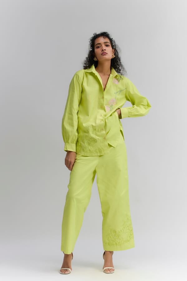 Lime Green Floral Patch Embroidered Co-Ord Set — Itara an another