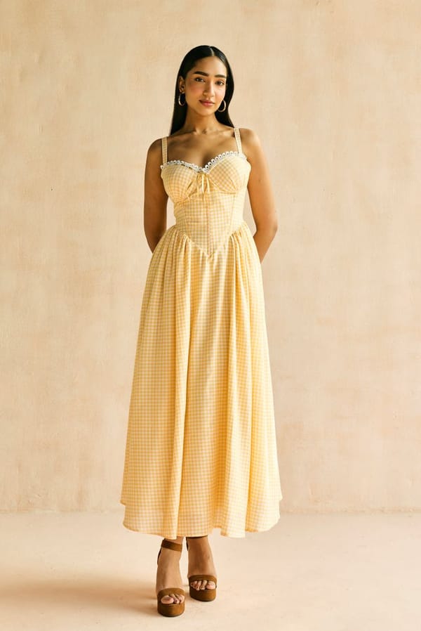 Alaya Butter Yellow Gingham Midi Corset Dress — Lea Clothing