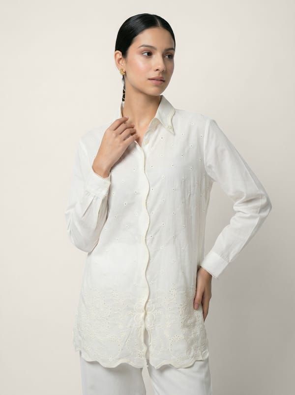 White Schiffli Shirt and Wide-Leg Pants Co-ord Set — SAUNDH
