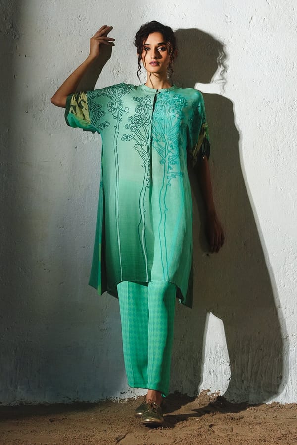 Aqua Printed Crepe Kurta Set with Mandarin Collar — Basil Leaf