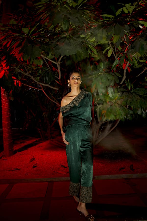 Green Satin Straight-Leg Pants with Embroidered Cuffs — Dash and Dot