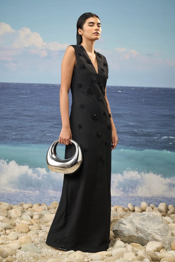 Black Textured Embellished Maxi Dress — Genes Lecoanet Hemant