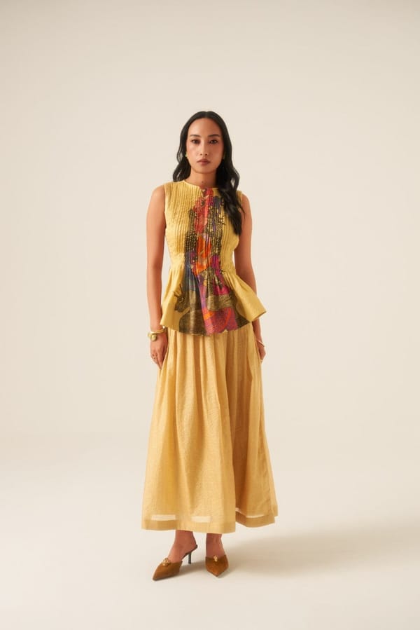 Beige Chanderi Silk Pleated A-Line Maxi Skirt — ANANYA AGARWAL