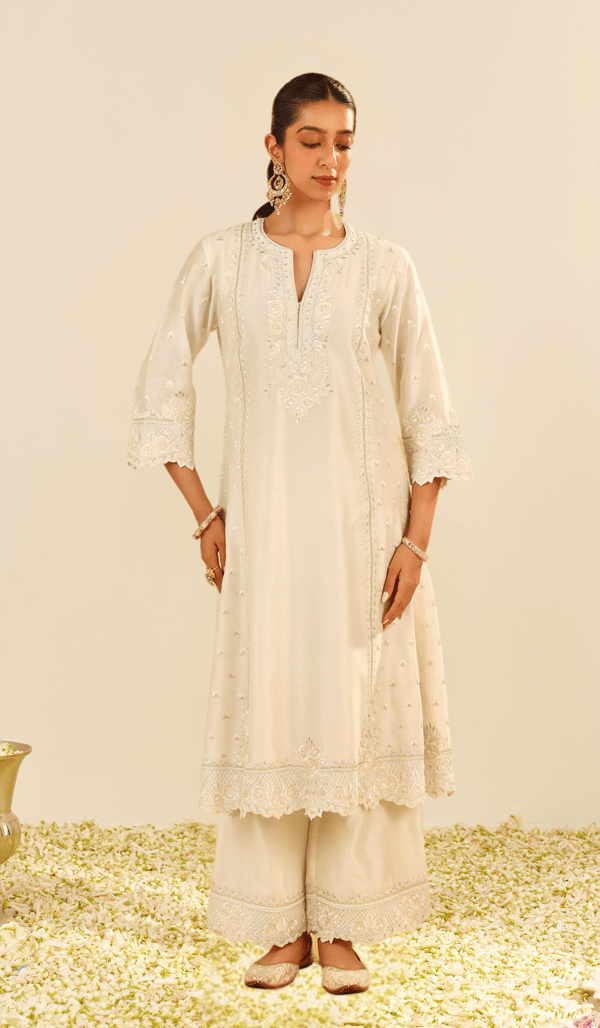Daisy Ivory A-Line Embroidered Kurta Set with Palazzo — Sheetal Batra