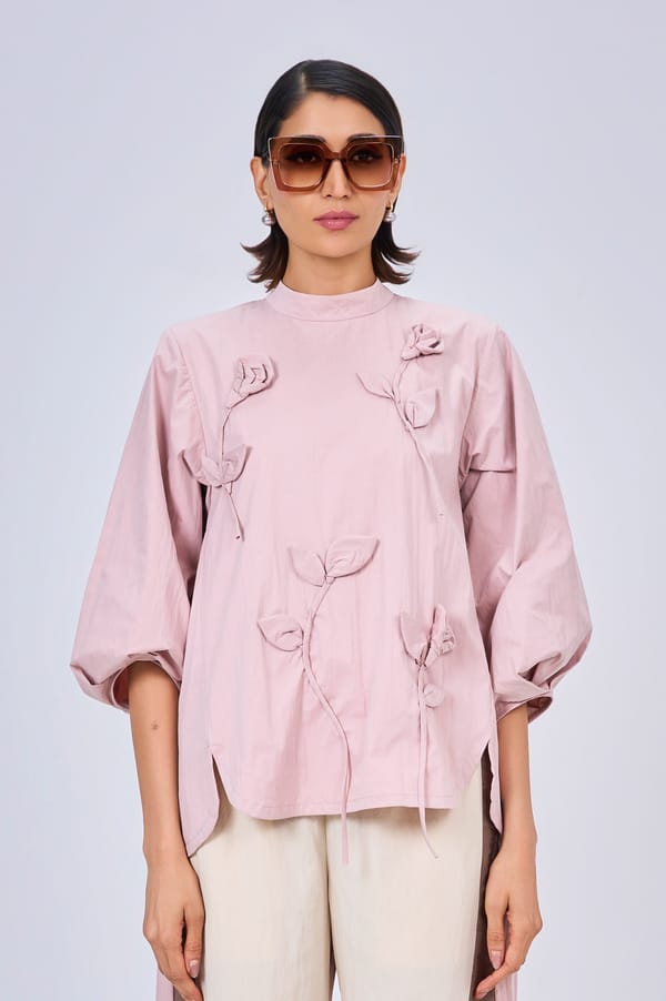 Blush Mandarin Collar Top with 3D Floral Applique — KOR