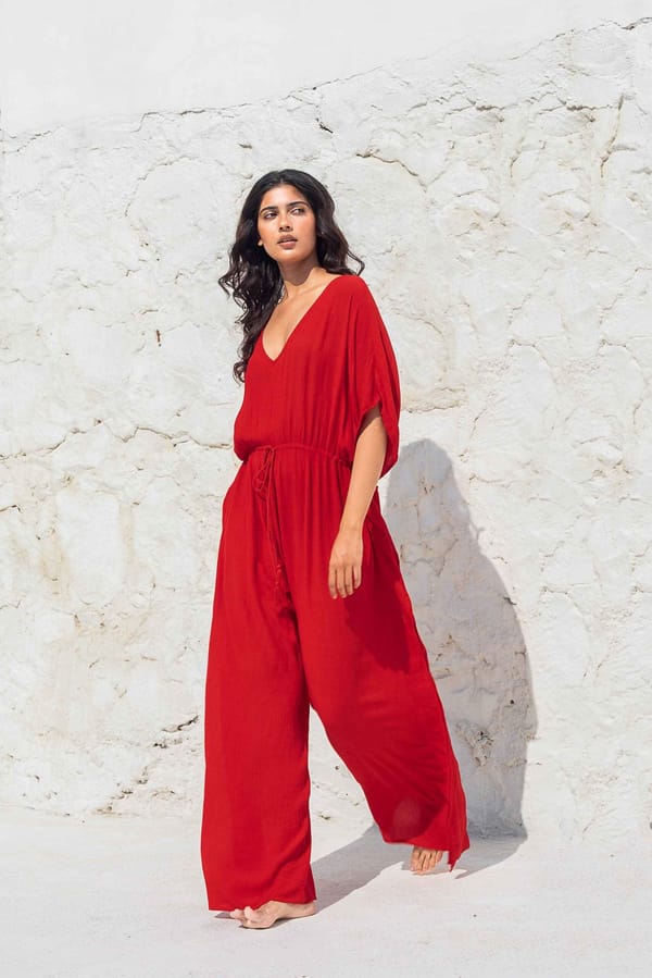 Red Kaftan-Style V-Neck Wide-Leg Jumpsuit — BEACHBUM