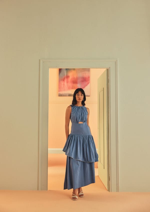 Blue Cotton Satin Tiered Maxi Dress with Cut-Out — Sage by Mala