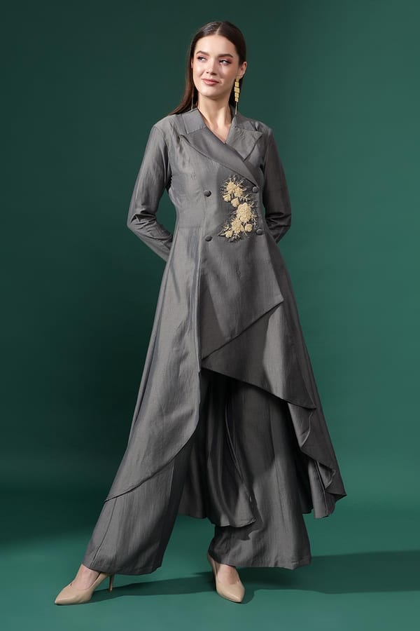 Grey Cotton Silk Embellished Tunic and Pant Co-ord Set — Aakaar