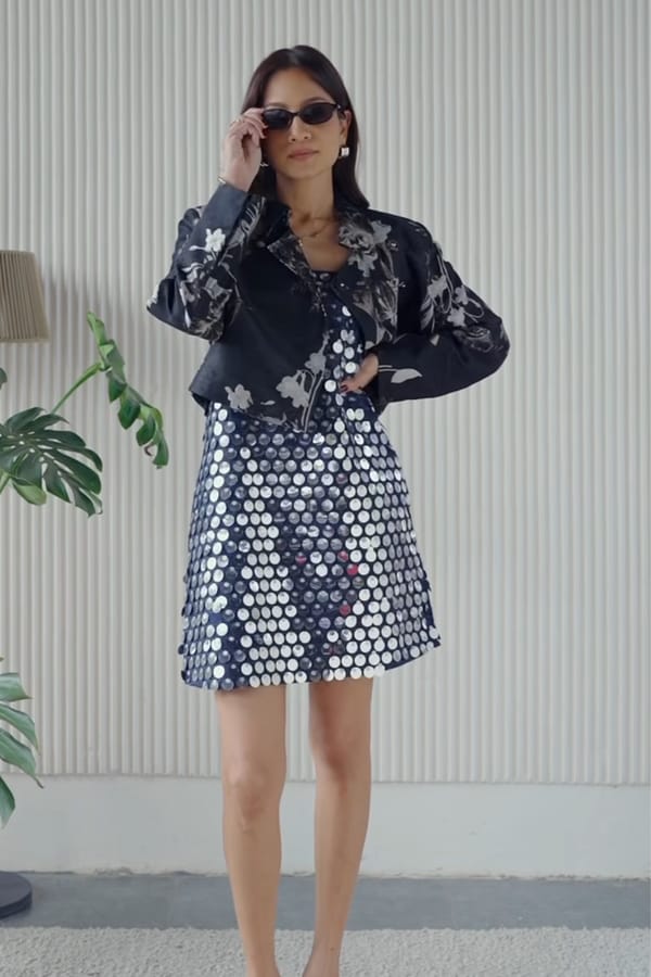Dark Navy Sequin Denim A-Line Mini Dress — SISTER JANE