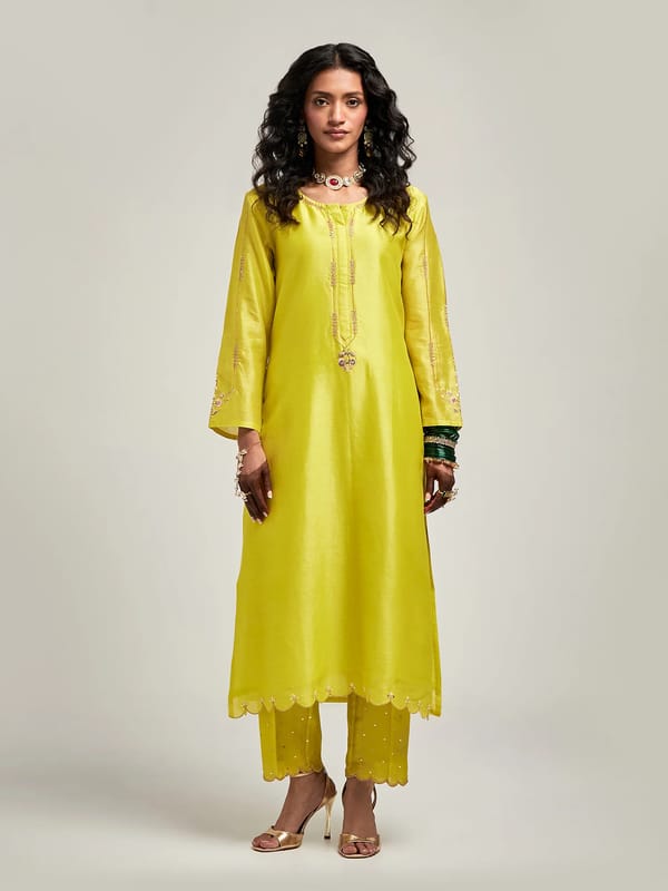 Lime Silk Chanderi Embroidered Straight Kurta — Anantaa