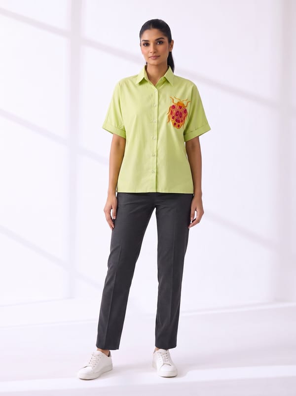Lemon Green Cotton Shirt with Embroidered Chest Motif — THE LUXURY DRESSING