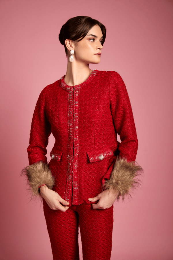 Red Tweed Peplum Top with Fur Cuffs — AVERIE