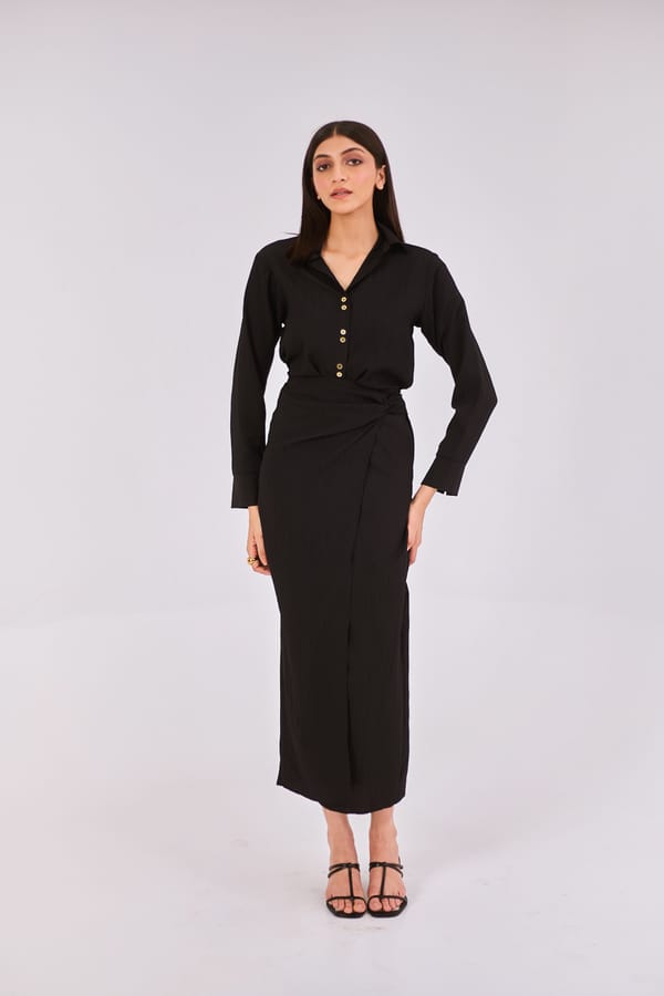 Black Ribbed Stretch Midi Wrap Shirt Dress — Urban Suburban