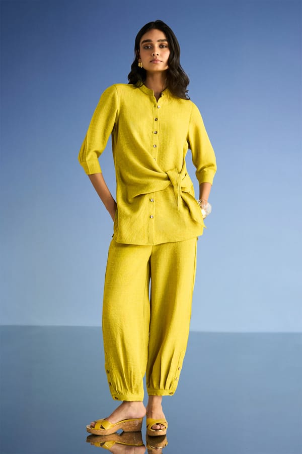 Chartreuse Linen-Blend Side-Tie Button-Down Longline Top — Dash and Dot