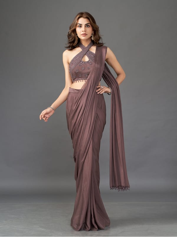 Plum Chiffon Drape Saree Set with Embellished Halter Blouse — QUNIC