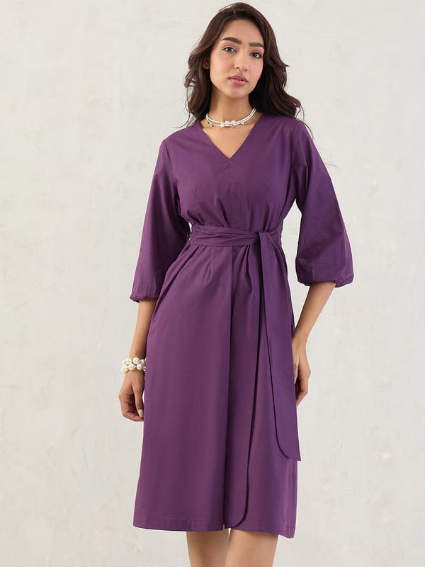 Deep Purple Poplin V-Neck Midi Dress — Femmella